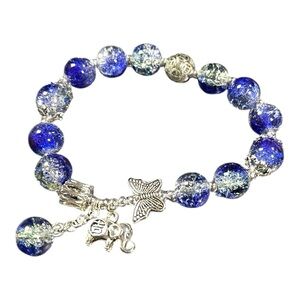 Elegant Blue Charm Bracelet with Glitter Beads and Silver Accents